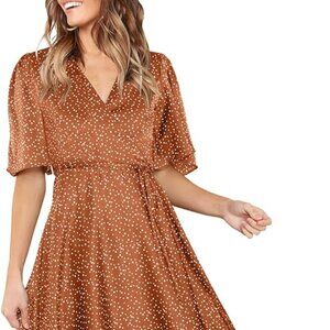 MIHOLL Women's V Neck Short Sleeve Polka Dot Casual Flowy Midi Wrap Dress